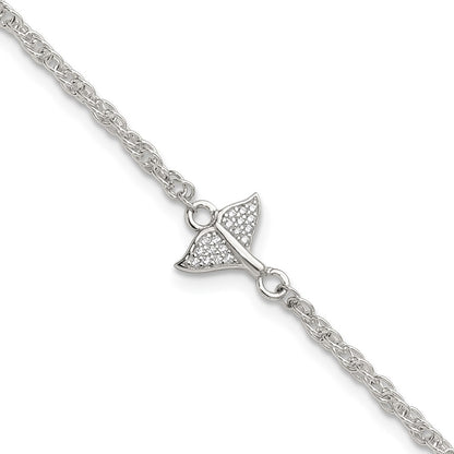 Sterling Silver Polished CZ Whale Tail 9in Plus 1in Ext Anklet