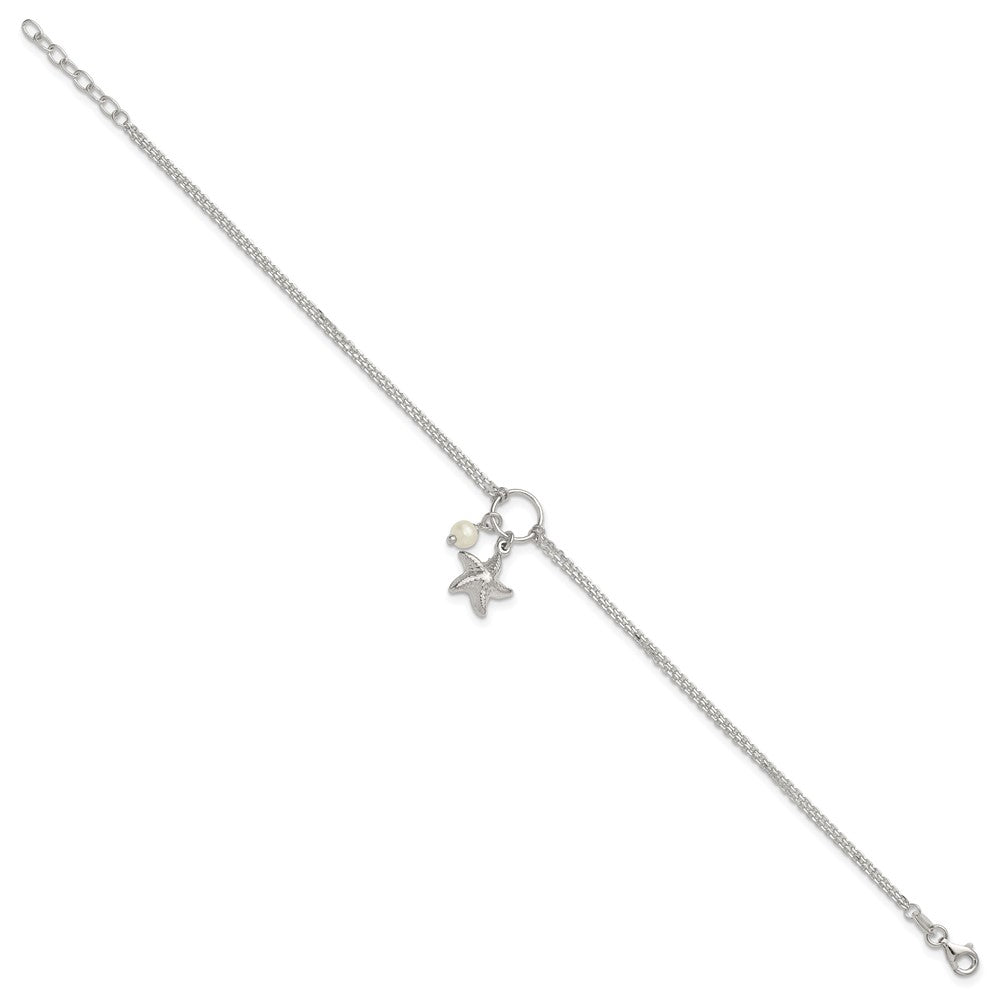 Sterling Silver Fwc Pearl and 3-D Starfish 2-Strand 9in Plus 1in Ext Anklet