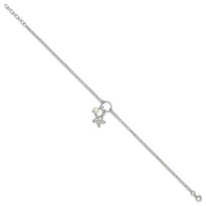 Sterling Silver Fwc Pearl and 3-D Starfish 2-Strand 9in Plus 1in Ext Anklet