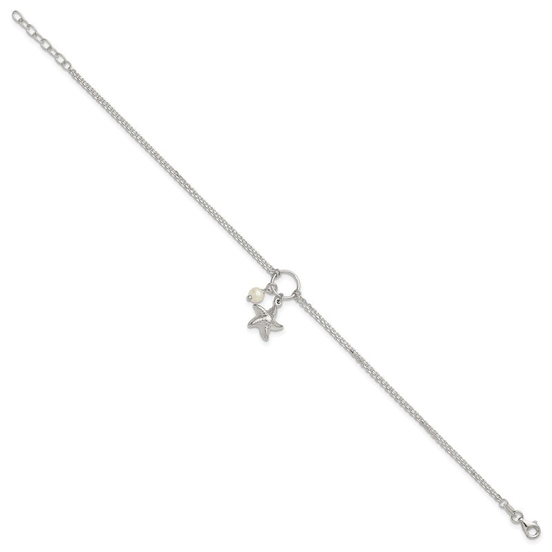 Sterling Silver Fwc Pearl and 3-D Starfish 2-Strand 9in Plus 1in Ext Anklet