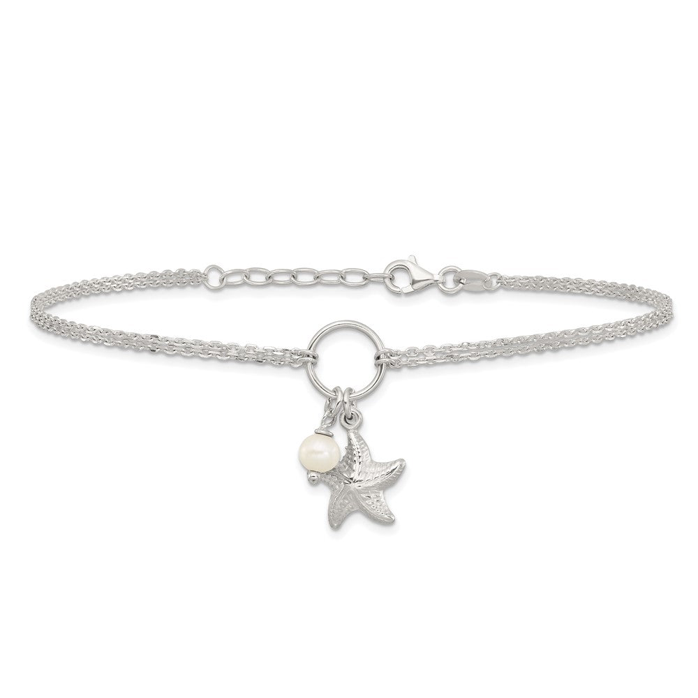 Sterling Silver Fwc Pearl and 3-D Starfish 2-Strand 9in Plus 1in Ext Anklet