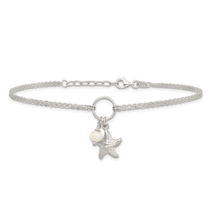 Sterling Silver Fwc Pearl and 3-D Starfish 2-Strand 9in Plus 1in Ext Anklet