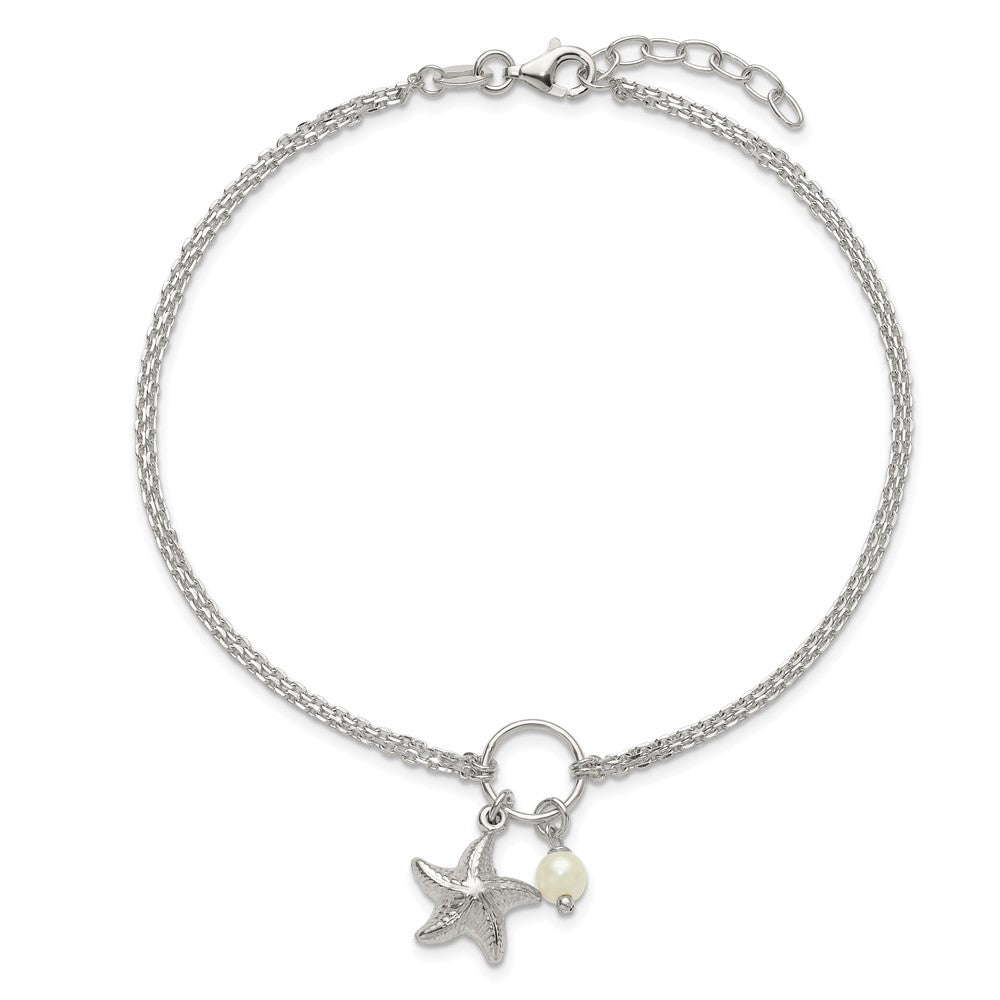 Sterling Silver Fwc Pearl and 3-D Starfish 2-Strand 9in Plus 1in Ext Anklet
