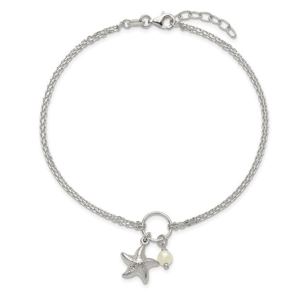 Sterling Silver Fwc Pearl and 3-D Starfish 2-Strand 9in Plus 1in Ext Anklet