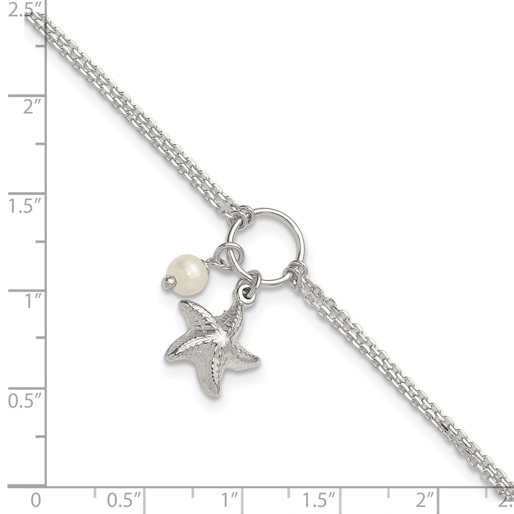 Sterling Silver Fwc Pearl and 3-D Starfish 2-Strand 9in Plus 1in Ext Anklet