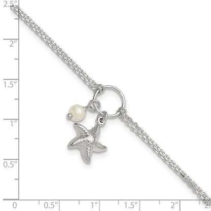 Sterling Silver Fwc Pearl and 3-D Starfish 2-Strand 9in Plus 1in Ext Anklet