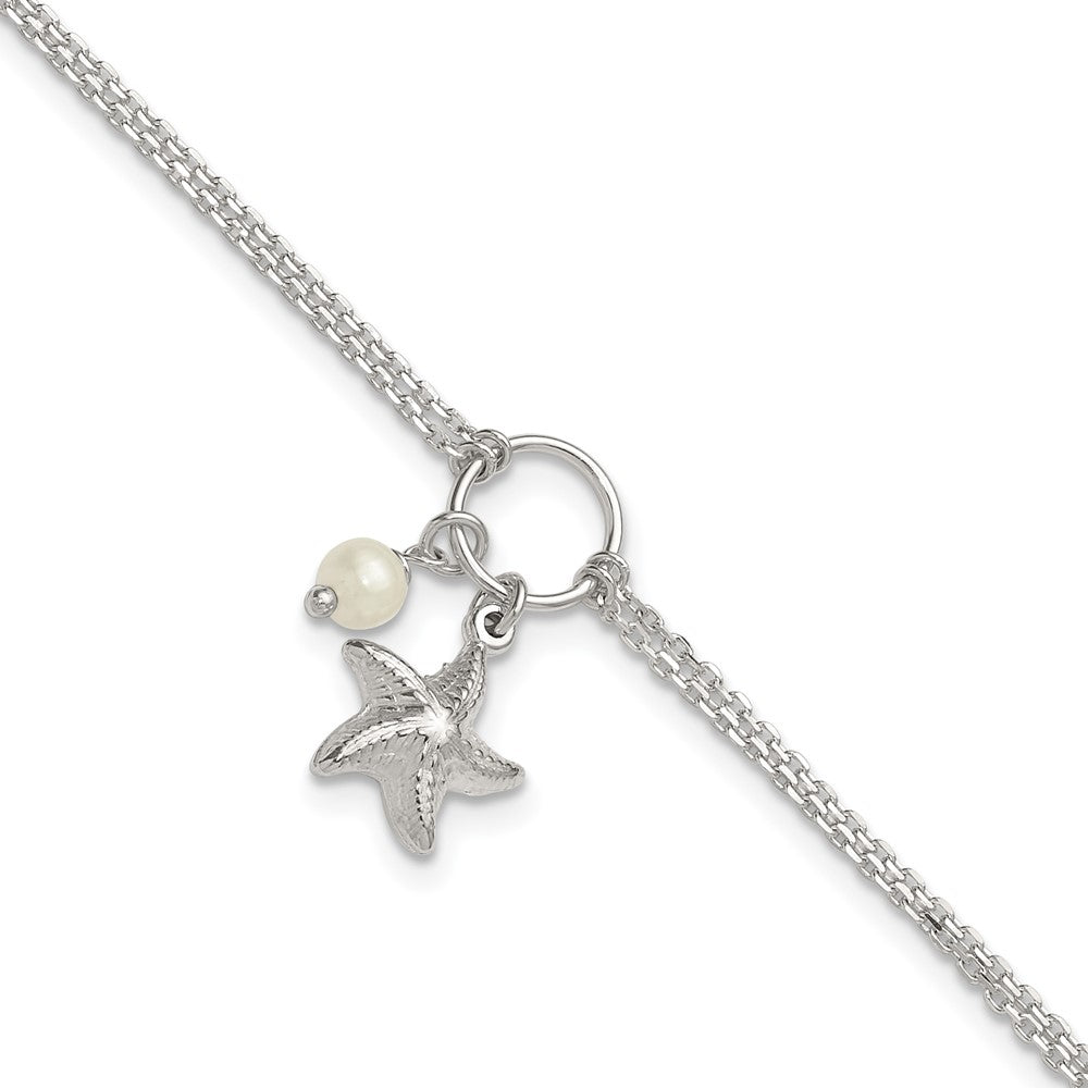 Sterling Silver Fwc Pearl and 3-D Starfish 2-Strand 9in Plus 1in Ext Anklet