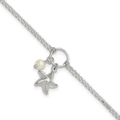 Sterling Silver Fwc Pearl and 3-D Starfish 2-Strand 9in Plus 1in Ext Anklet