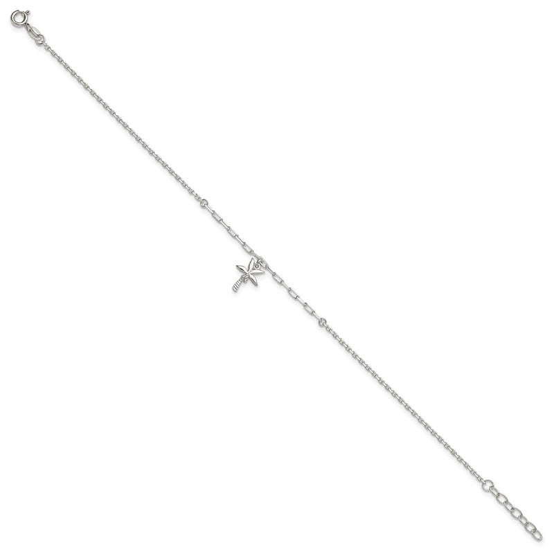 Sterling Silver Polished CZ Palm Tree 9in Plus 1in Ext Anklet