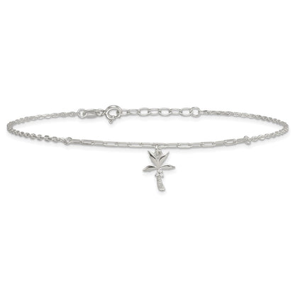 Sterling Silver Polished CZ Palm Tree 9in Plus 1in Ext Anklet