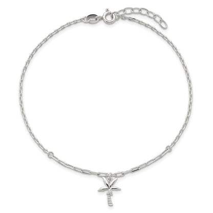 Sterling Silver Polished CZ Palm Tree 9in Plus 1in Ext Anklet