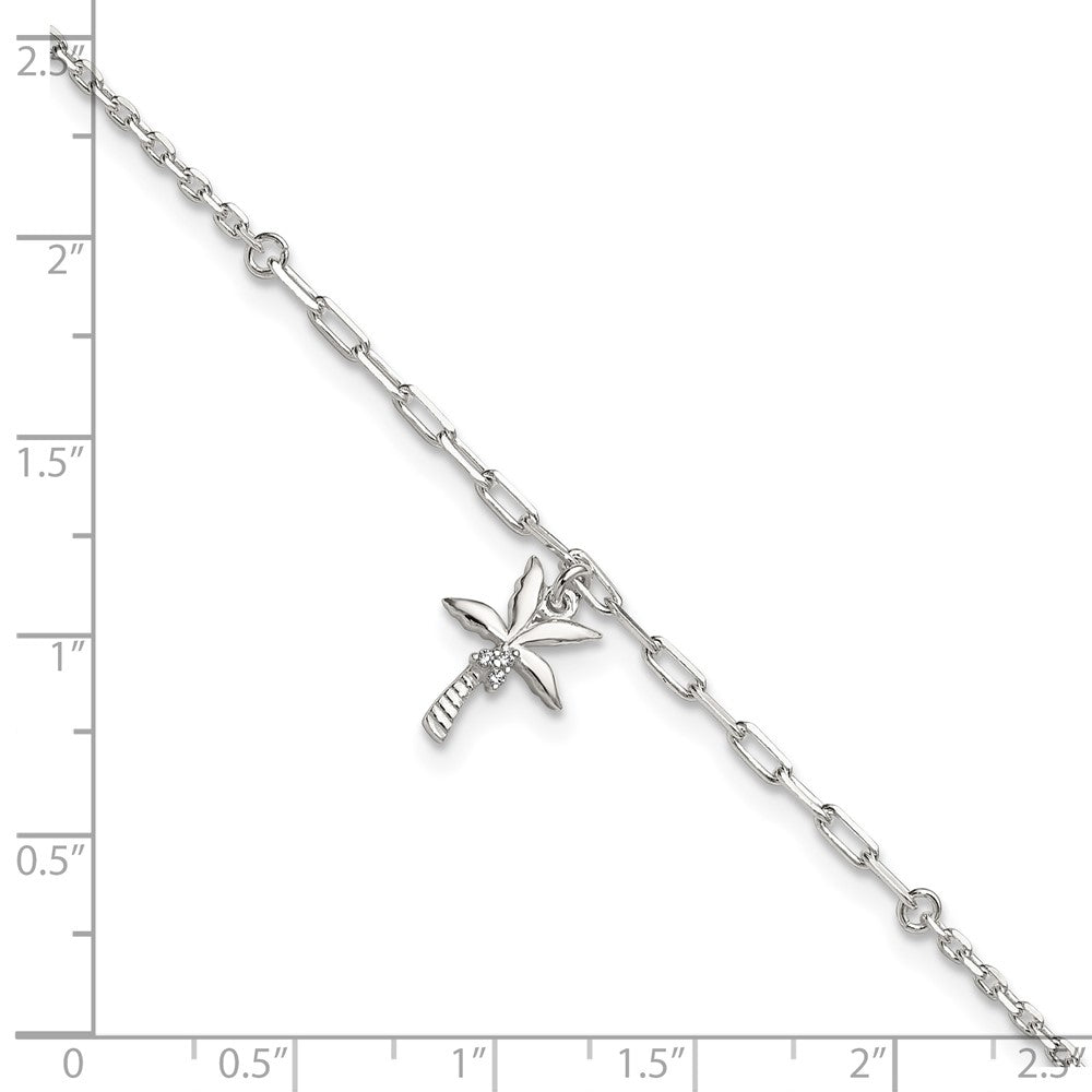 Sterling Silver Polished CZ Palm Tree 9in Plus 1in Ext Anklet