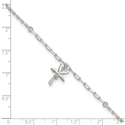 Sterling Silver Polished CZ Palm Tree 9in Plus 1in Ext Anklet