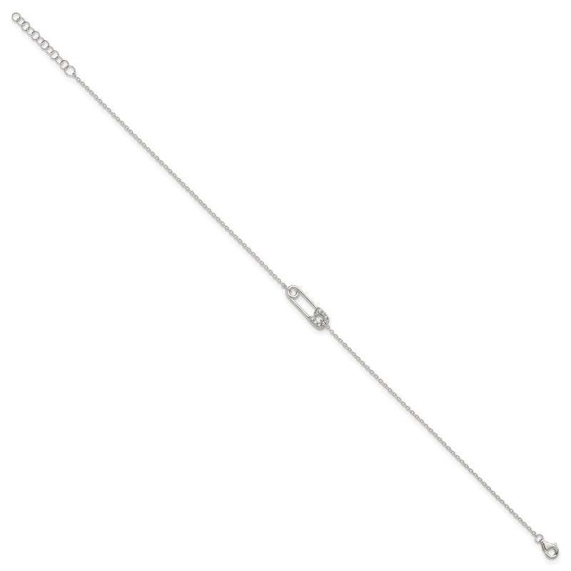 Sterling Silver Polished CZ Safety Pin 9 Inch Plus 1 Inch Extension Anklet
