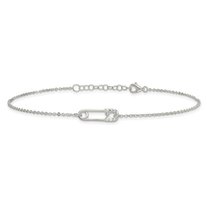 Sterling Silver Polished CZ Safety Pin 9 Inch Plus 1 Inch Extension Anklet