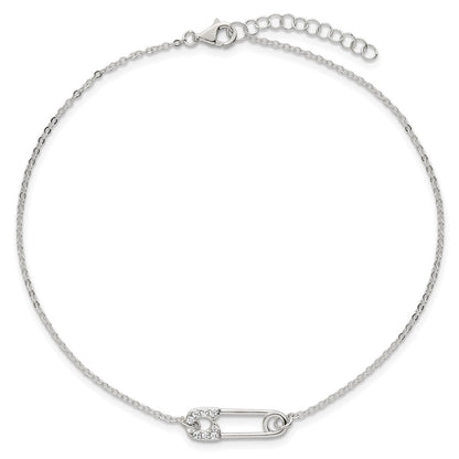 Sterling Silver Polished CZ Safety Pin 9 Inch Plus 1 Inch Extension Anklet
