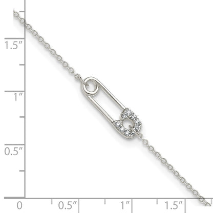 Sterling Silver Polished CZ Safety Pin 9 Inch Plus 1 Inch Extension Anklet