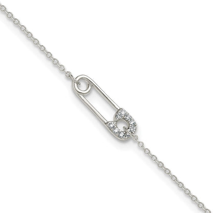 Sterling Silver Polished CZ Safety Pin 9 Inch Plus 1 Inch Extension Anklet