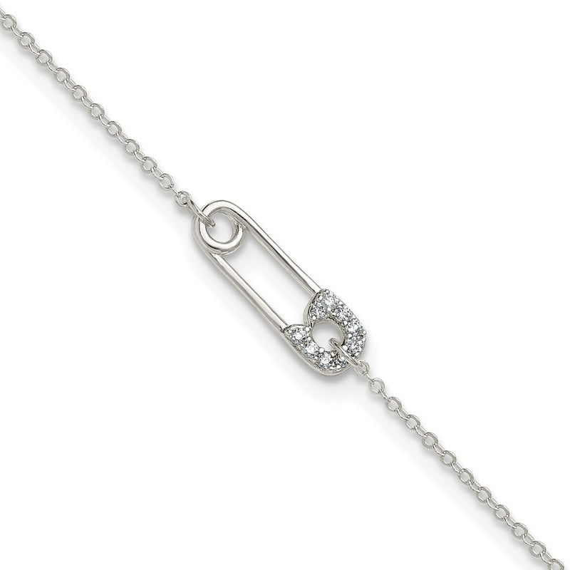 Sterling Silver Polished CZ Safety Pin 9 Inch Plus 1 Inch Extension Anklet