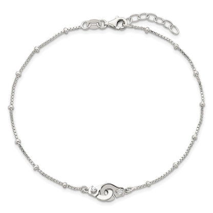 Sterling Silver Beaded CZ Interlinking Circles 9in Plus 1in Ext Anklet