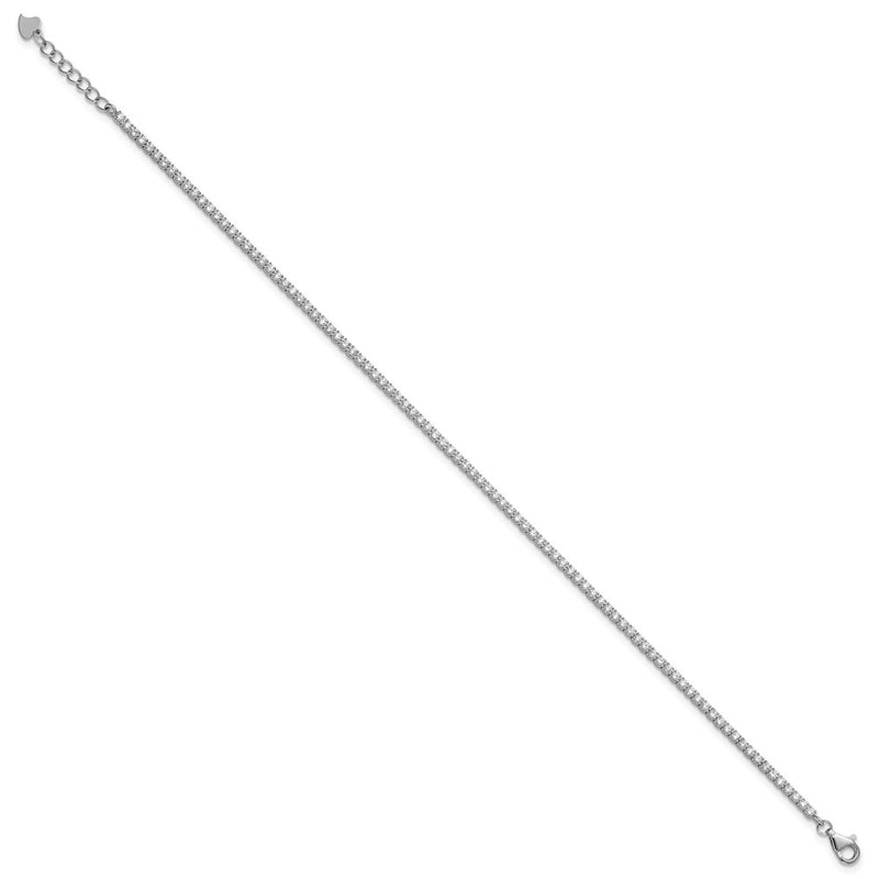 Sterling Silver Rhodium-Plated CZ 9in Plus .75in Ext. Anklet
