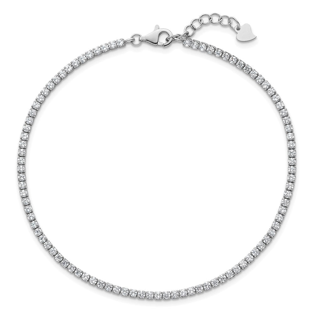 Sterling Silver Rhodium-Plated CZ 9in Plus .75in Ext. Anklet