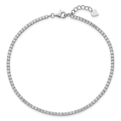 Sterling Silver Rhodium-Plated CZ 9in Plus .75in Ext. Anklet