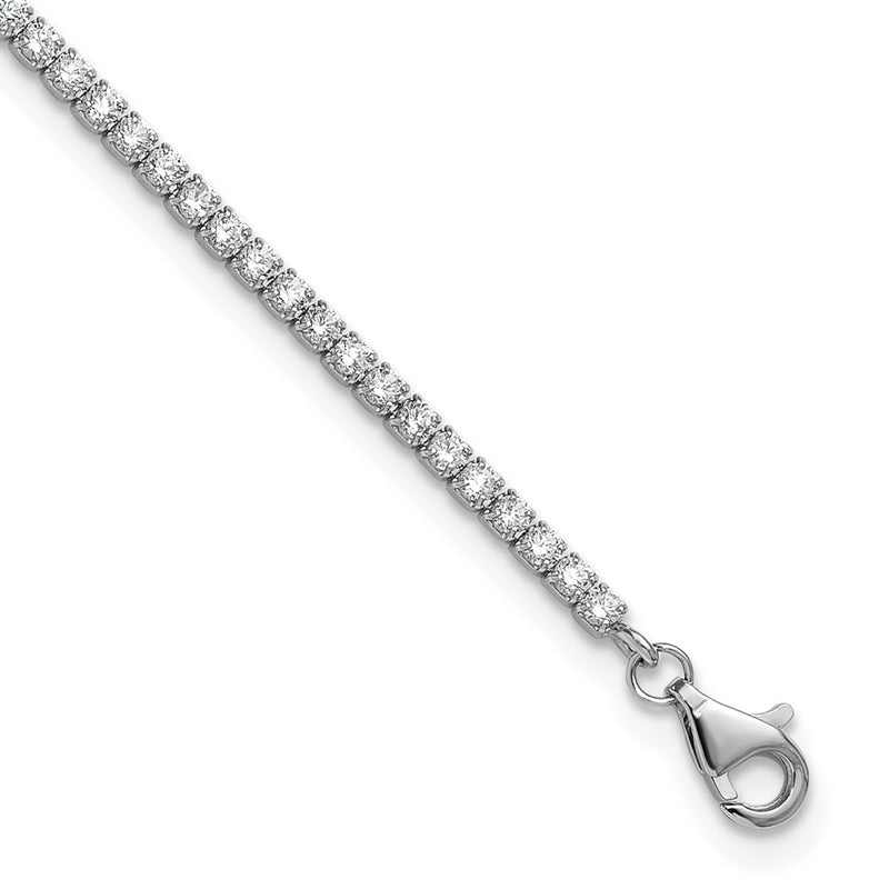 Sterling Silver Rhodium-Plated CZ 9in Plus .75in Ext. Anklet