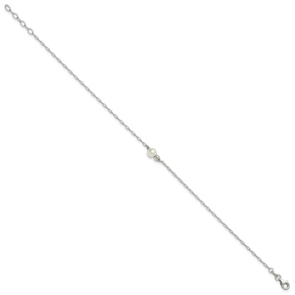 Sterling Silver Polished Bead and Glass Pearl 9in Plus 1in Ext Anklet