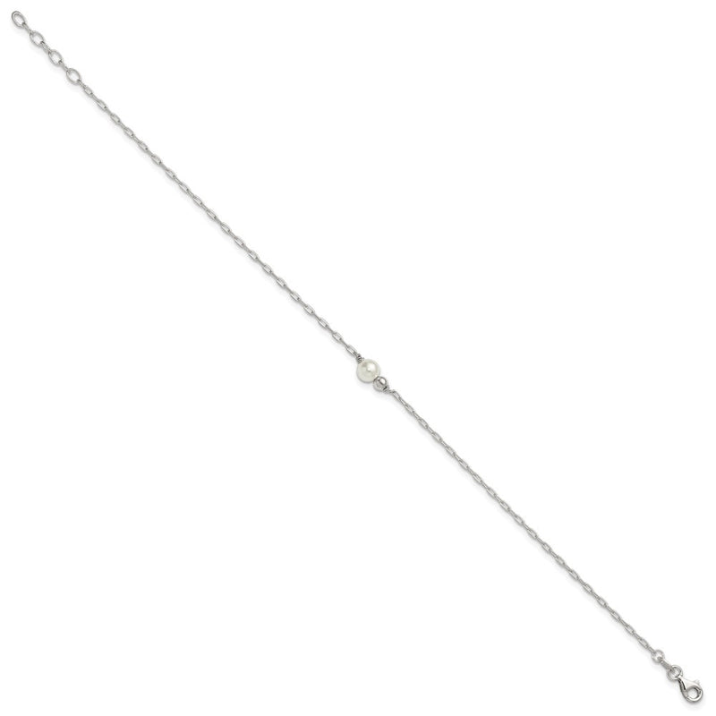 Sterling Silver Polished Bead and Glass Pearl 9in Plus 1in Ext Anklet