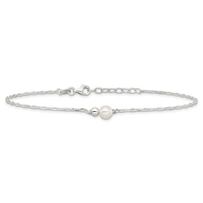 Sterling Silver Polished Bead and Glass Pearl 9in Plus 1in Ext Anklet