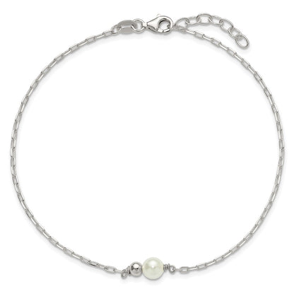 Sterling Silver Polished Bead and Glass Pearl 9in Plus 1in Ext Anklet