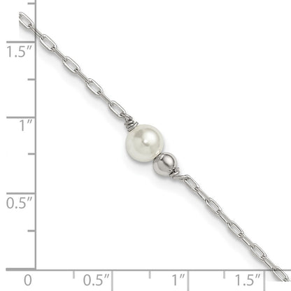 Sterling Silver Polished Bead and Glass Pearl 9in Plus 1in Ext Anklet