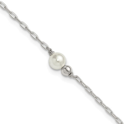 Sterling Silver Polished Bead and Glass Pearl 9in Plus 1in Ext Anklet