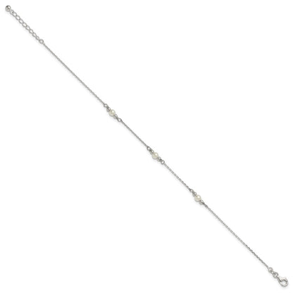 Sterling Silver Polished and Beaded Acrylic Pearl 9in Plus 1in Ext Anklet