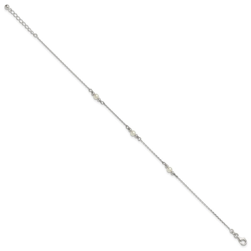 Sterling Silver Polished and Beaded Acrylic Pearl 9in Plus 1in Ext Anklet