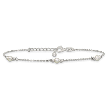 Sterling Silver Polished and Beaded Acrylic Pearl 9in Plus 1in Ext Anklet