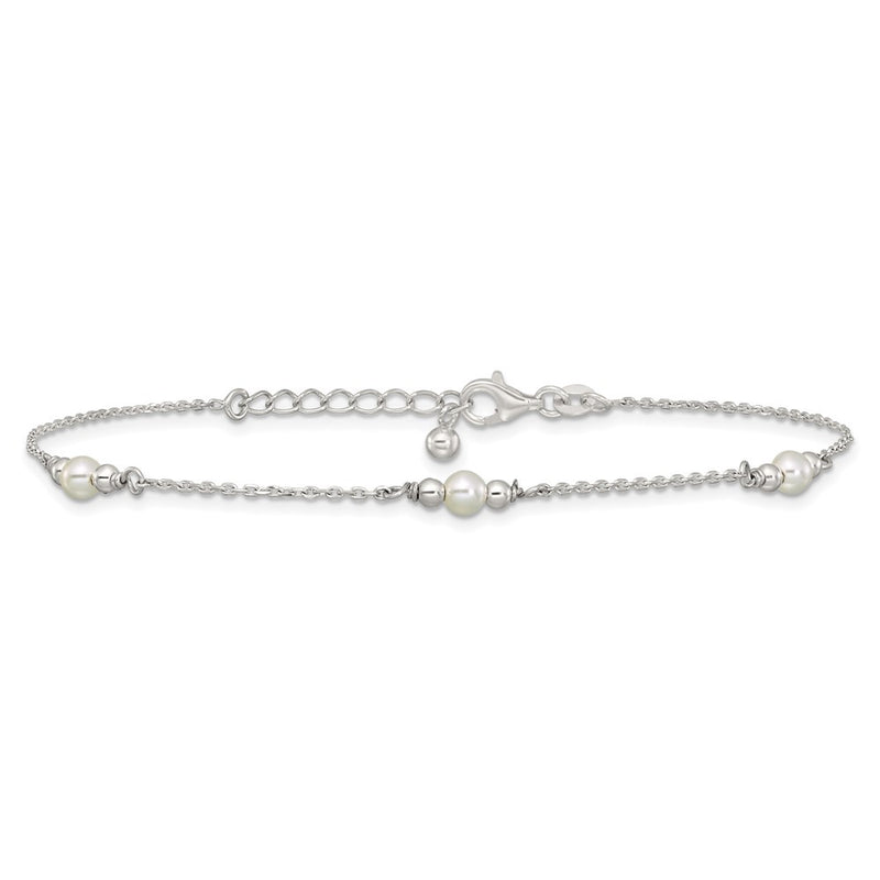 Sterling Silver Polished and Beaded Acrylic Pearl 9in Plus 1in Ext Anklet