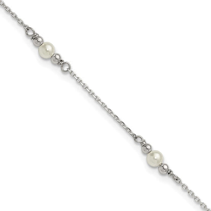 Sterling Silver Polished and Beaded Acrylic Pearl 9in Plus 1in Ext Anklet