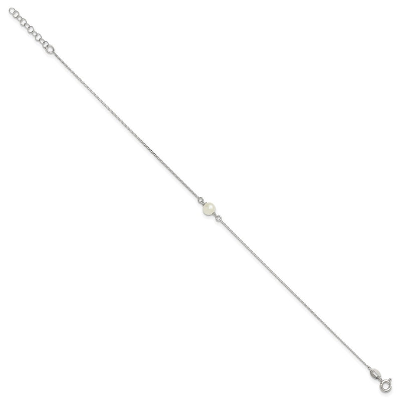 Sterling Silver Polished Freshwater Cultured Pearl 9in Plus 1in Ext Anklet