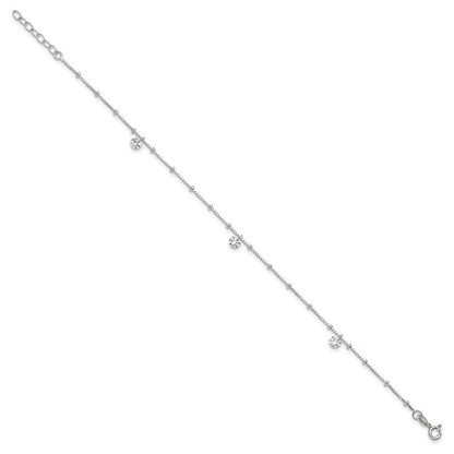 Sterling Silver Polished and Beaded CZ 9in Plus 1in Ext Anklet