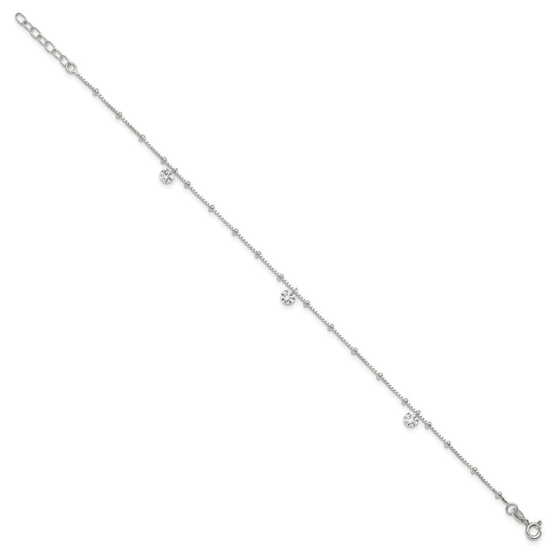 Sterling Silver Polished and Beaded CZ 9in Plus 1in Ext Anklet