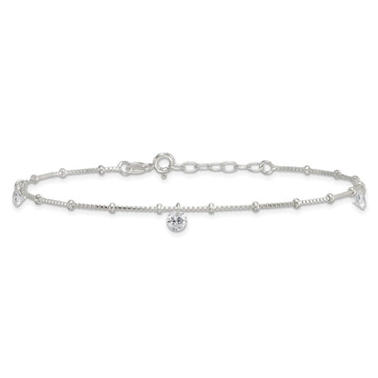 Sterling Silver Polished and Beaded CZ 9in Plus 1in Ext Anklet
