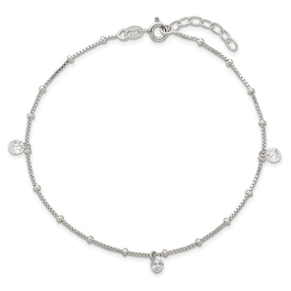 Sterling Silver Polished and Beaded CZ 9in Plus 1in Ext Anklet