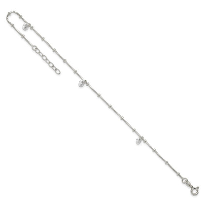 Sterling Silver Polished and Beaded CZ 9in Plus 1in Ext Anklet