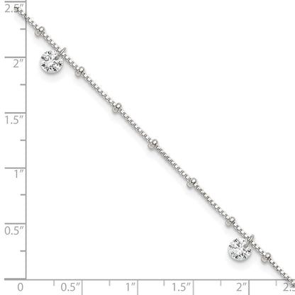 Sterling Silver Polished and Beaded CZ 9in Plus 1in Ext Anklet