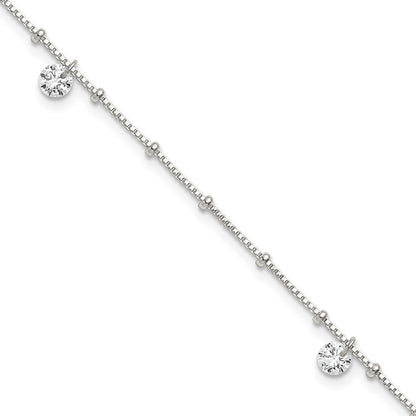 Sterling Silver Polished and Beaded CZ 9in Plus 1in Ext Anklet