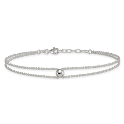 Sterling Silver Polished 2 Strand Bead 9in Plus 1in Ext Anklet