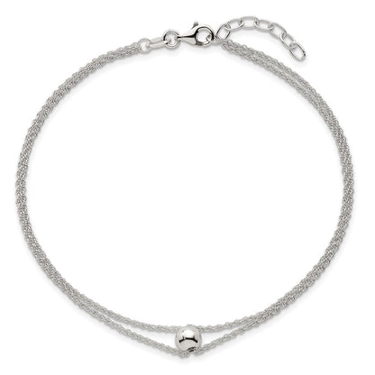 Sterling Silver Polished 2 Strand Bead 9in Plus 1in Ext Anklet