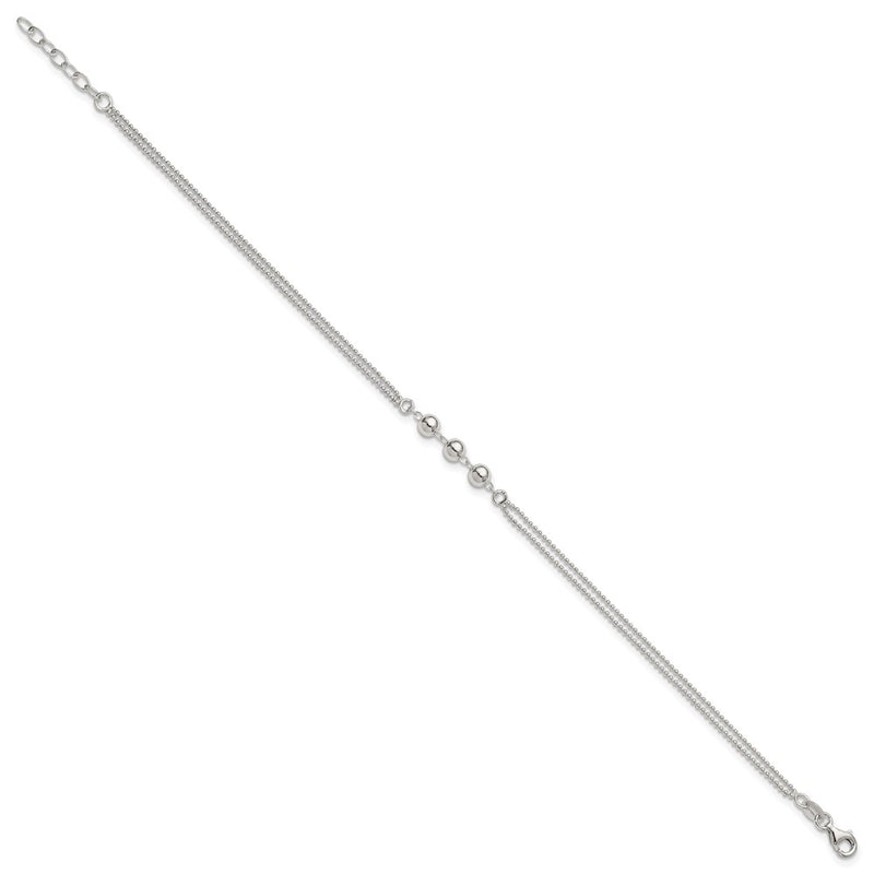 Sterling Silver Polished Beaded 2-Strand 9in Plus 1in Ext Anklet